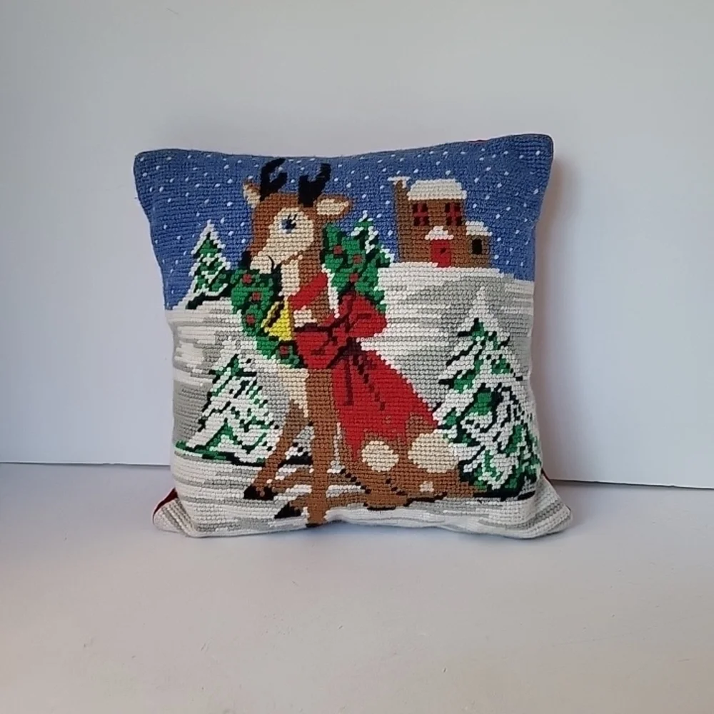 Holiday Reindeer Needlepoint Decorative Pillow - 10